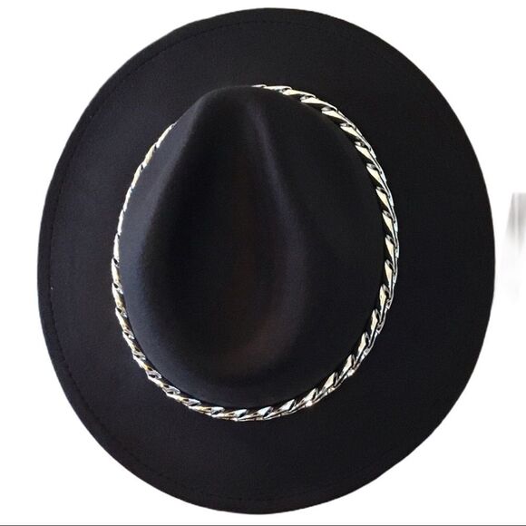 Black Stiff Brim Tall Dented Crown Silver Chain Band Trilby Fedora Hat NEW - Picture 3 of 3